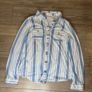 Free Bird Striped Button Down Shirt Women's Coastal Boho Blue Green Size L